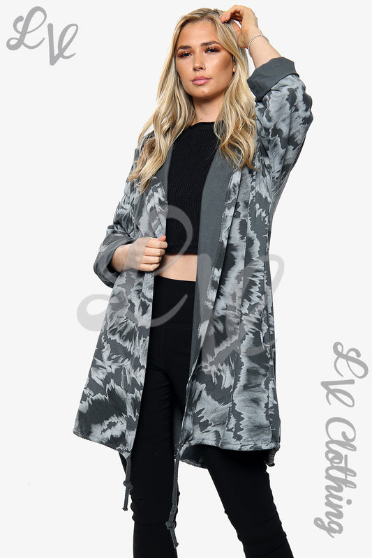 Charcoal tie-dye hooded cardigan with open front and long sleeves, drawstring hem