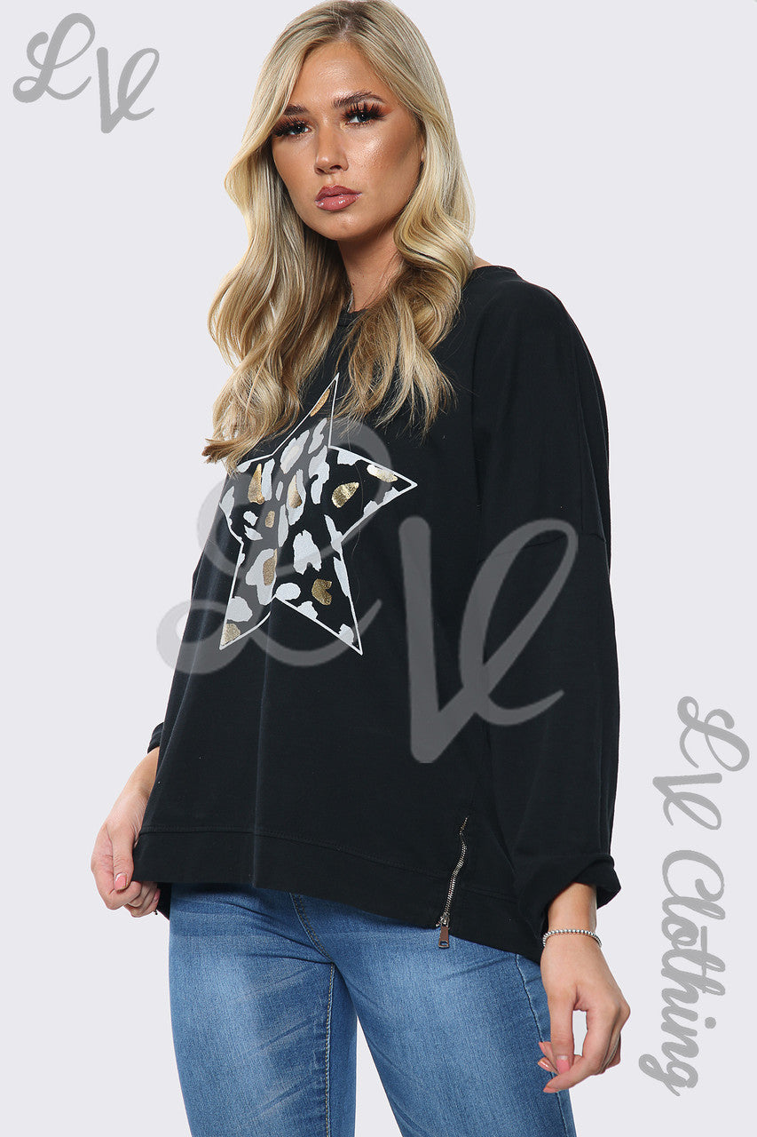 Ladies Leopard Star Print Sweatshirt Top Black Unit Price £13.99