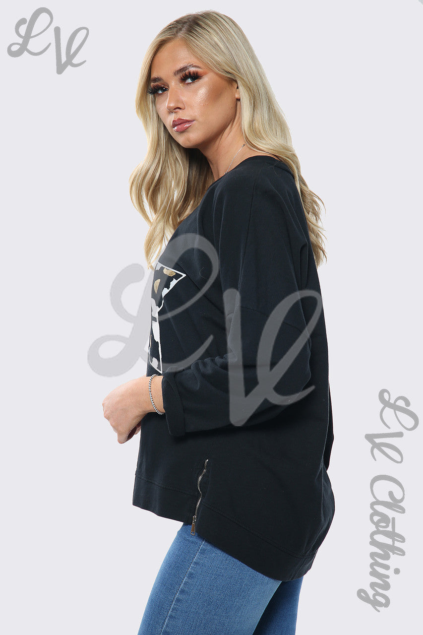 Ladies Leopard Star Print Sweatshirt Top Black Unit Price £13.99