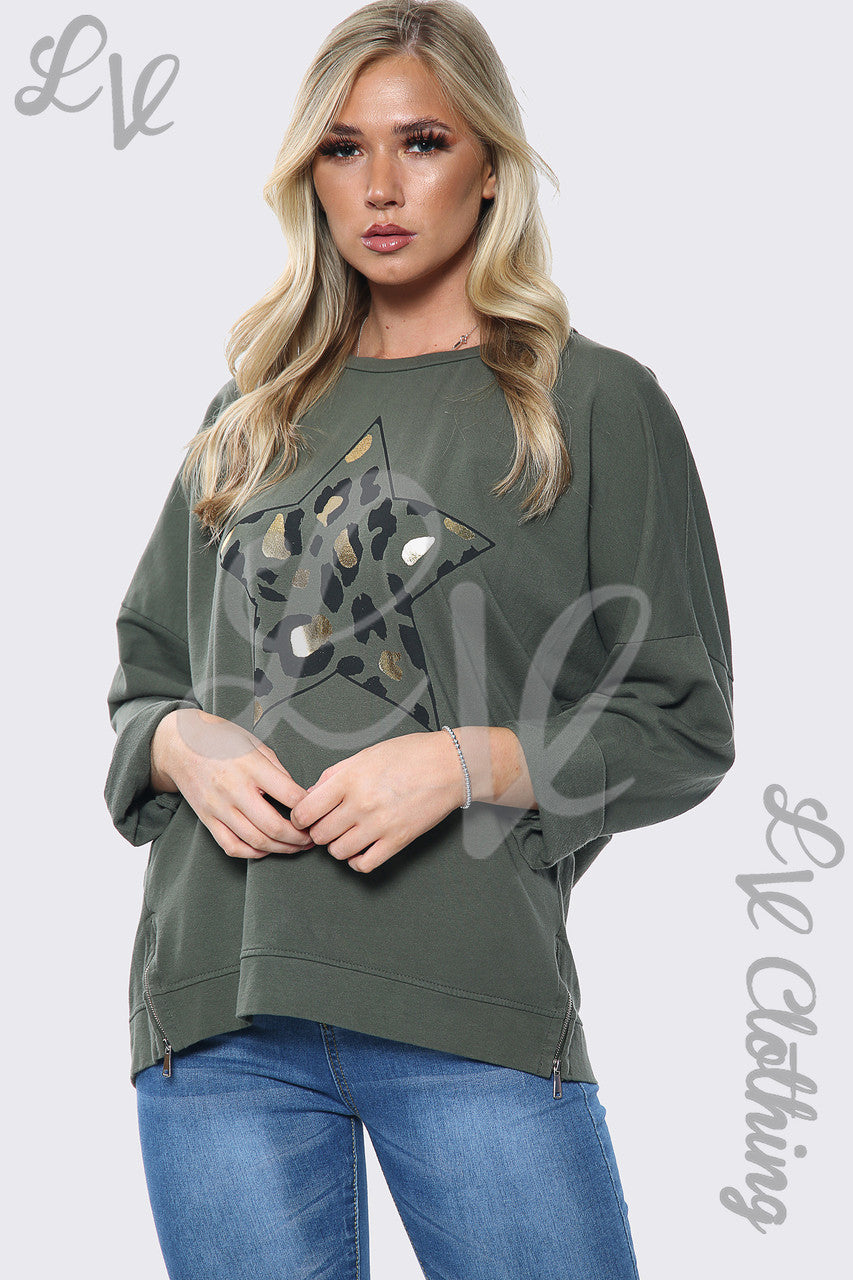 Dames Leopard Sterrenprint Sweatshirt Top Khaki Prijs per eenheid €13,99