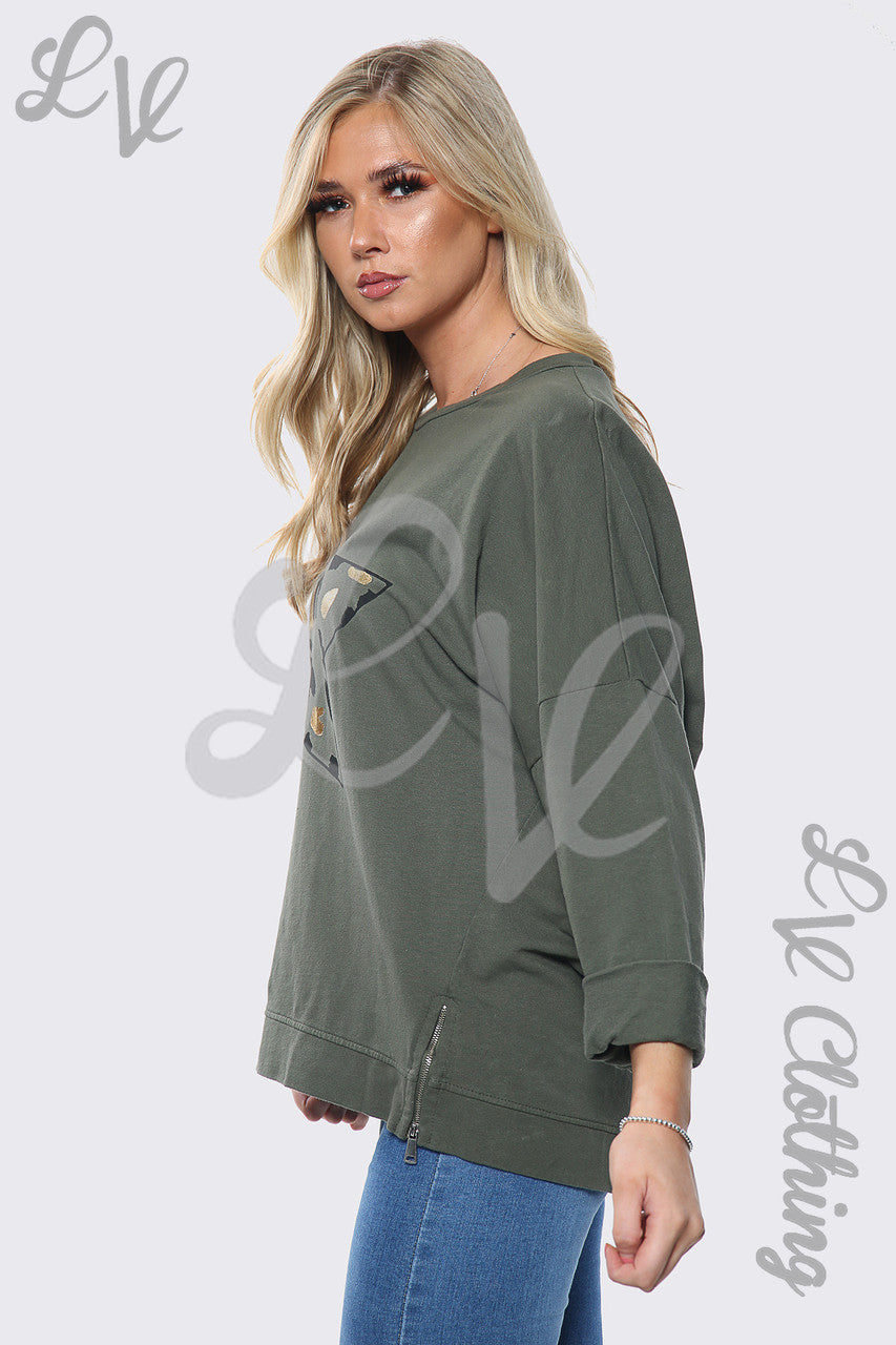 Dames Leopard Sterrenprint Sweatshirt Top Khaki Prijs per eenheid €13,99