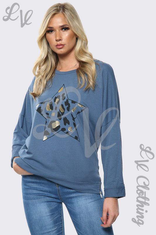 Blue crew-neck sweatshirt with leopard star graphic, long sleeves