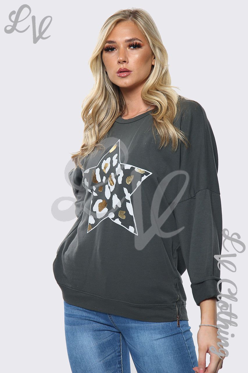 Dames Sweatshirt met Luipaard Sterrenprint Top Houtskool Stukprijs €13,99