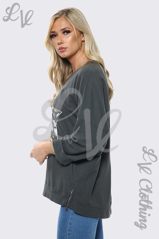 Charcoal sweatshirt with leopard star graphic, relaxed long sleeve side view