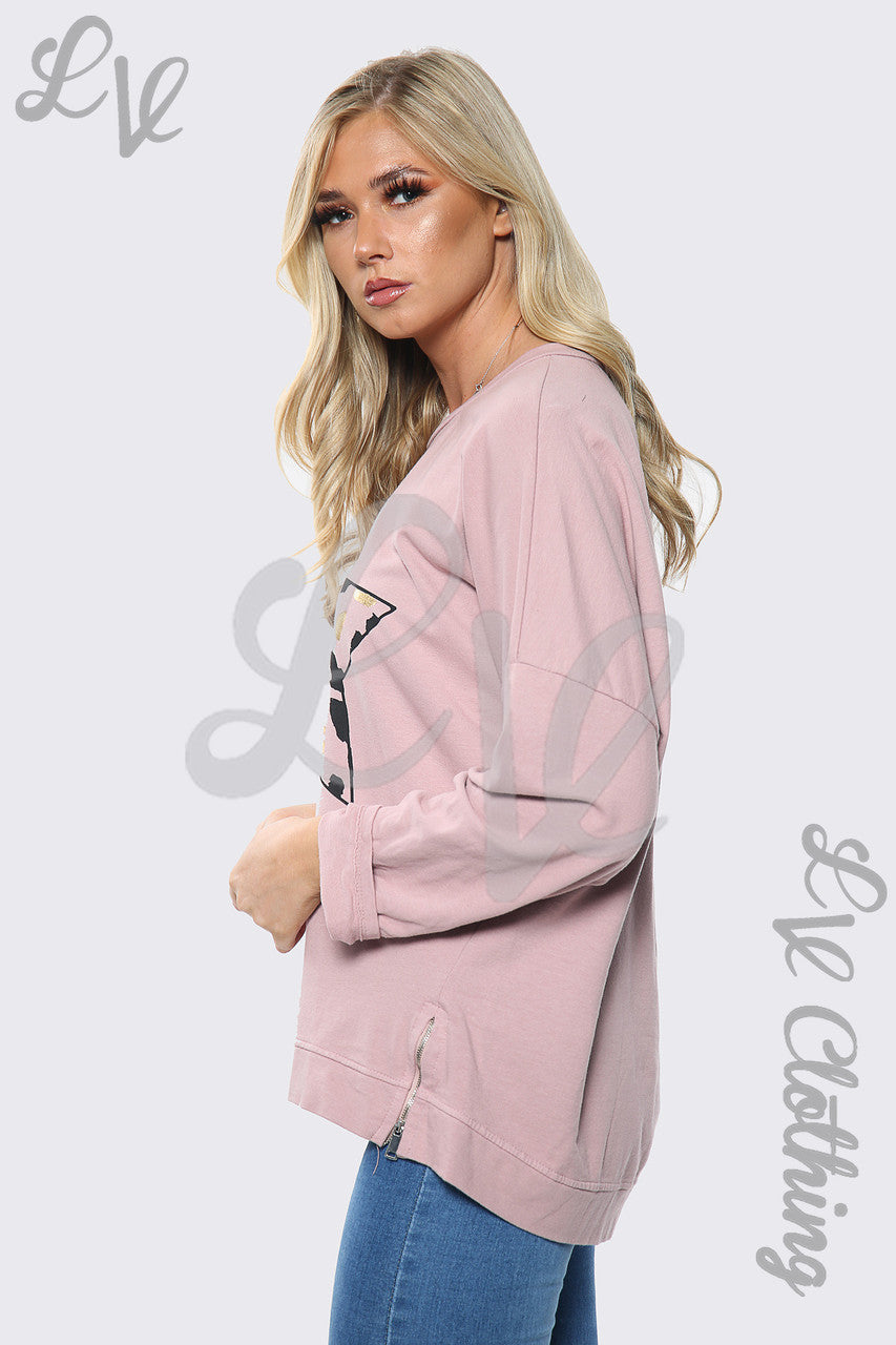 Dames Luipaard Sterrenprint Sweatshirt Top Dusty Roze Stukprijs €13,99