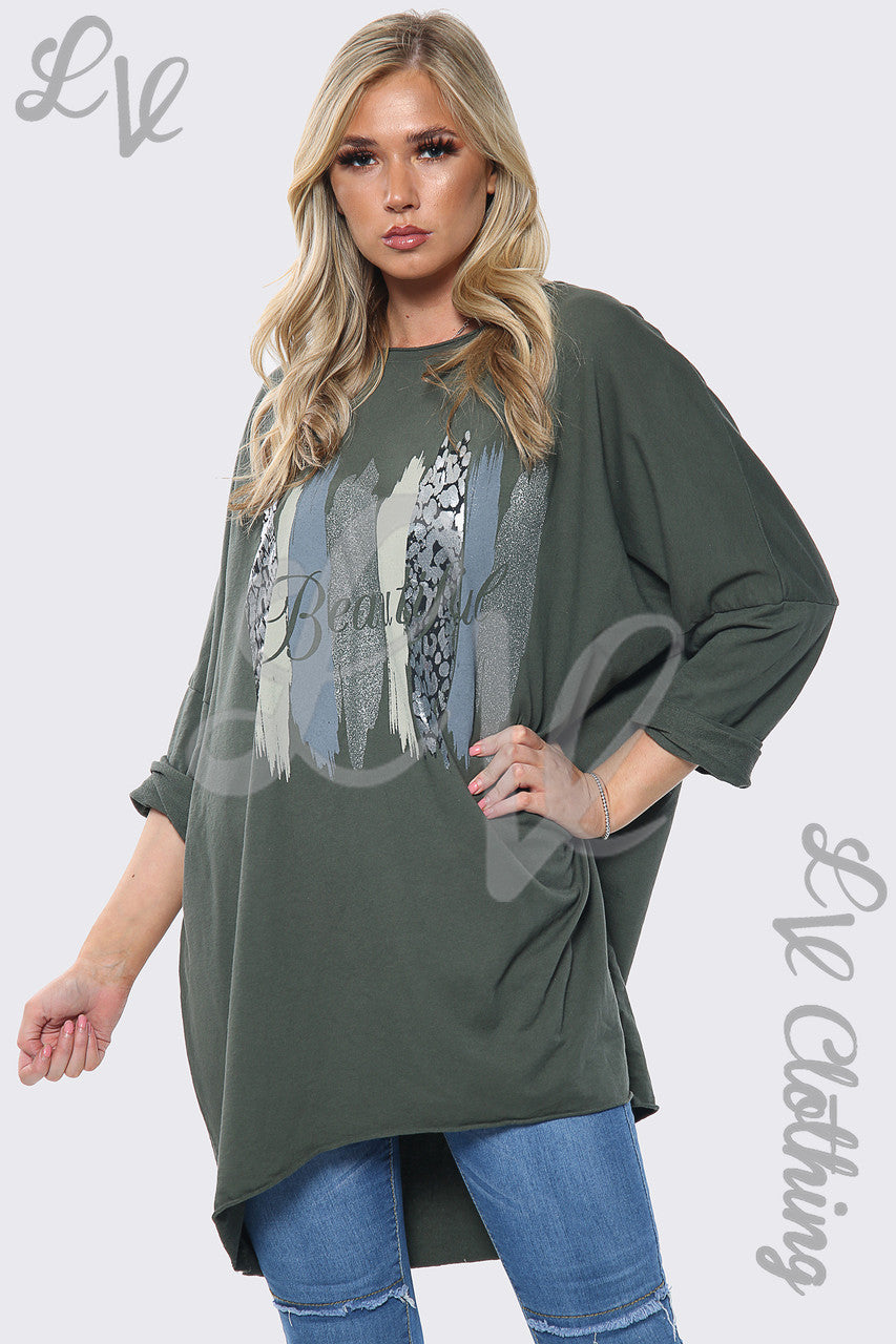 Dames Mooie Slogan Oversized Sweatshirttop Kaki Stukprijs €12,99