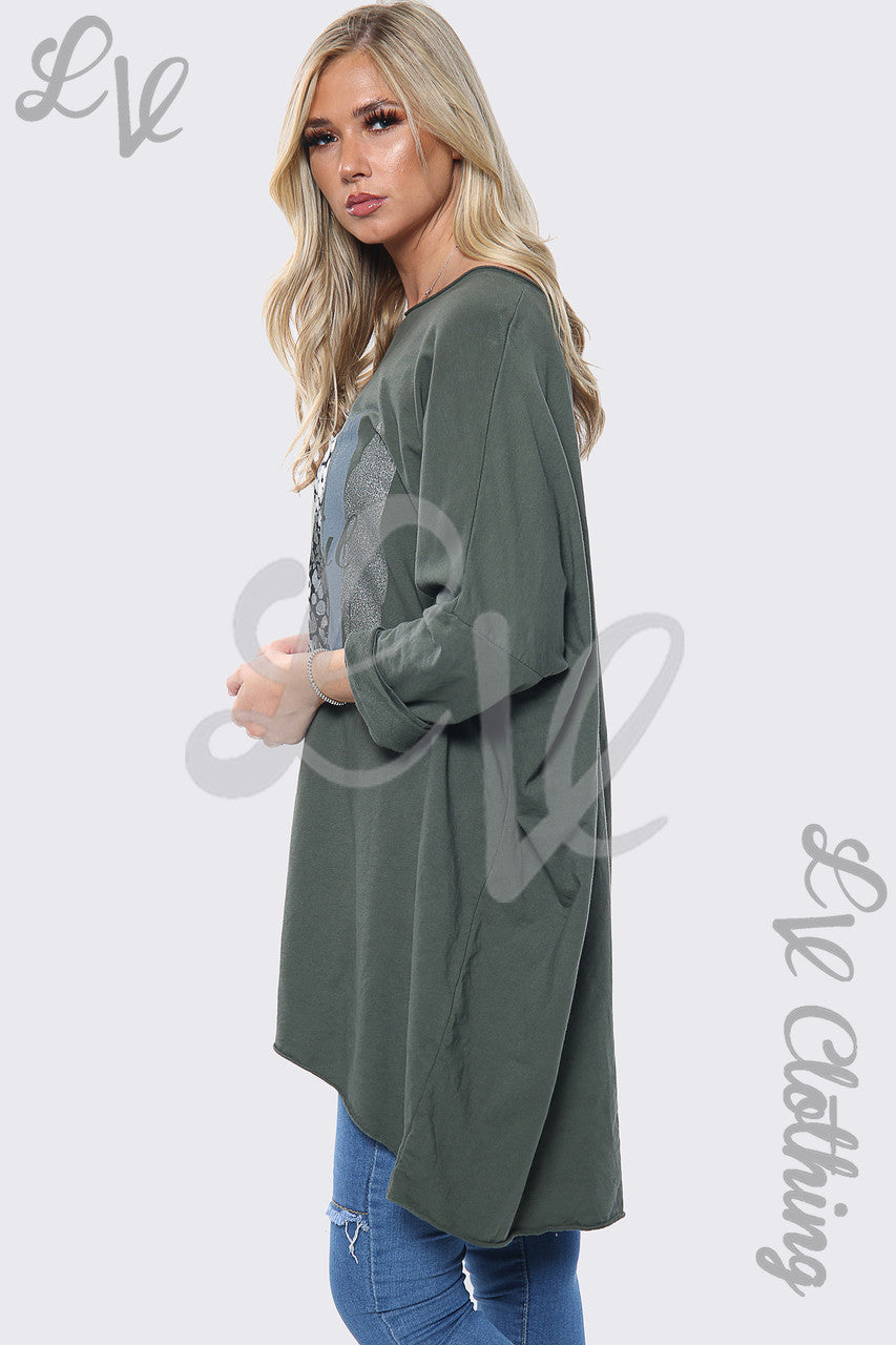 Dames Mooie Slogan Oversized Sweatshirttop Kaki Stukprijs €12,99