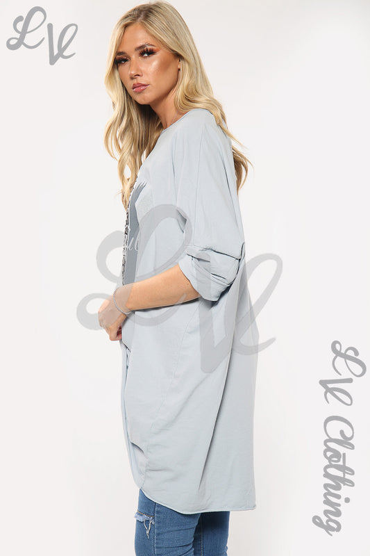 Light blue oversize slogan sweatshirt with long sleeves and crew neckline