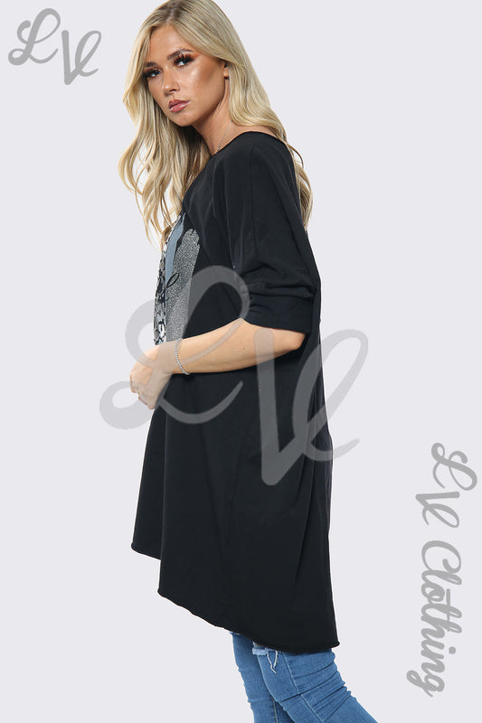 Black oversized slogan sweatshirt top with long sleeves and graphic front