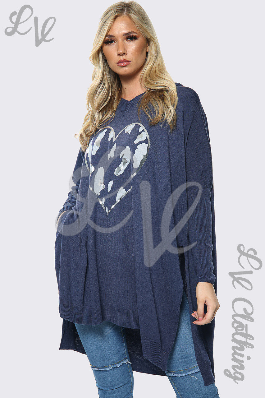 Dames Liefde Hart Print Oversized Trui Top Marineblauwe Stukprijs €15,99