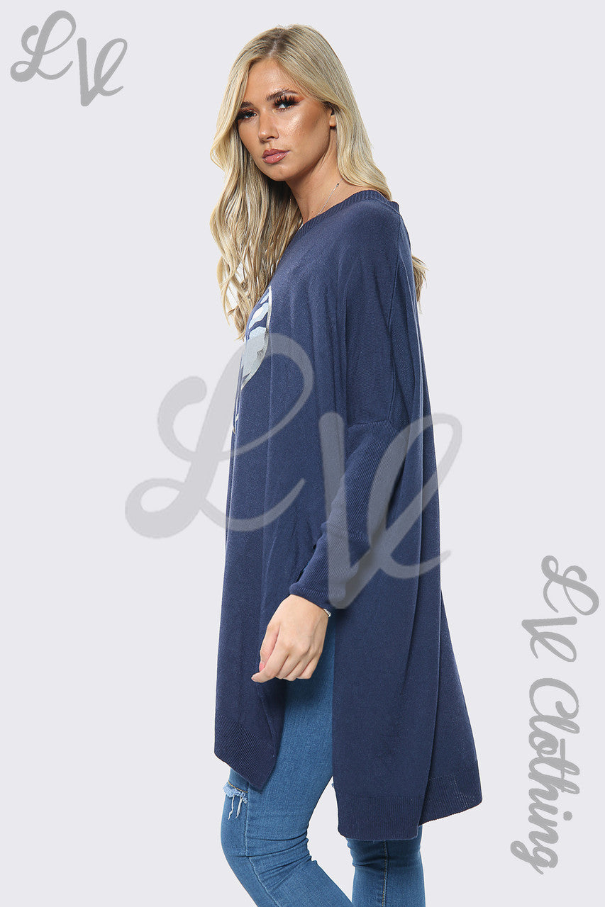 Dames Liefde Hart Print Oversized Trui Top Marineblauwe Stukprijs €15,99