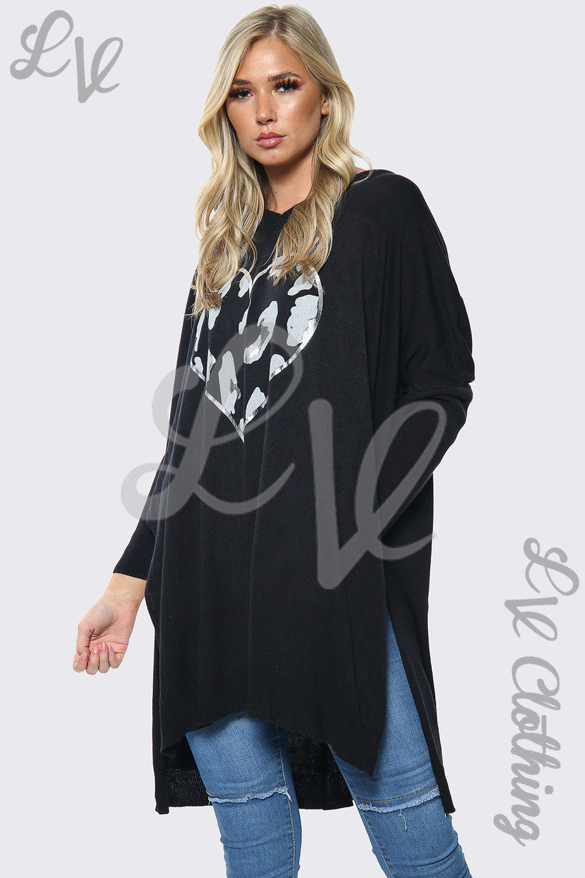 Dames oversized trui met hartjesprint Zwart Per stuk £ 15,99