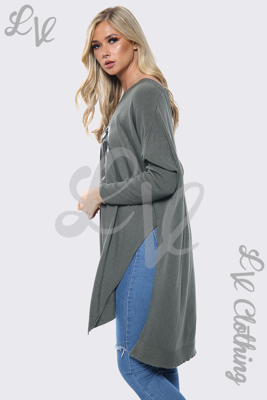 Ladies Love Heart Print Oversize Jumper Top Khaki Unit Price £15.99