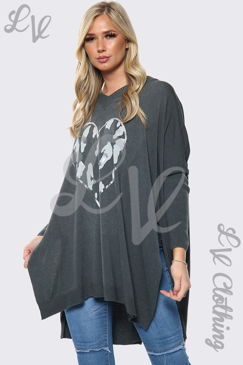 Ladies Love Heart Print Oversize Jumper Top Charcoal Unit Price £15.99