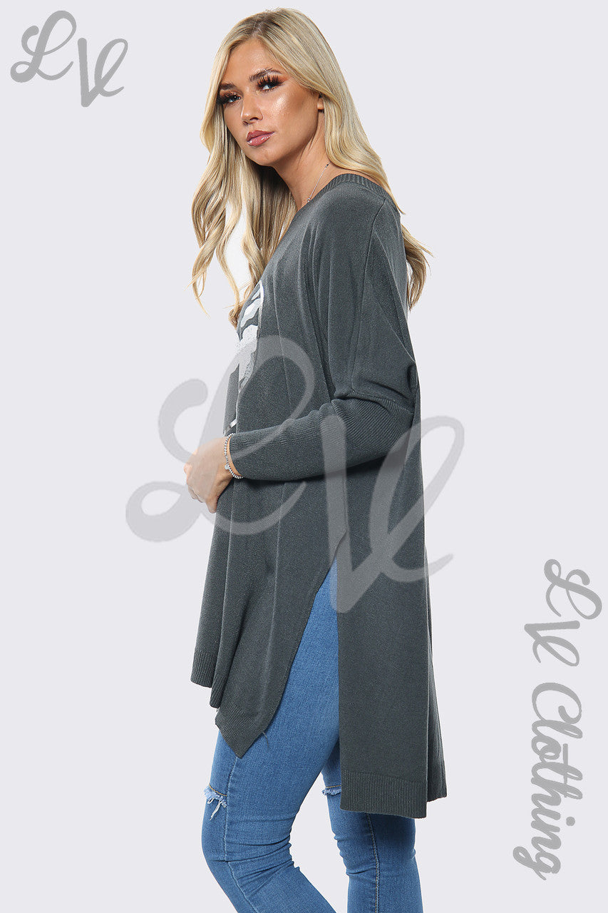 Ladies Love Heart Print Oversize Jumper Top Charcoal Unit Price £15.99