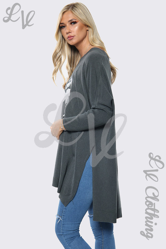 Oversized charcoal jumper top with front Love print and long sleeves