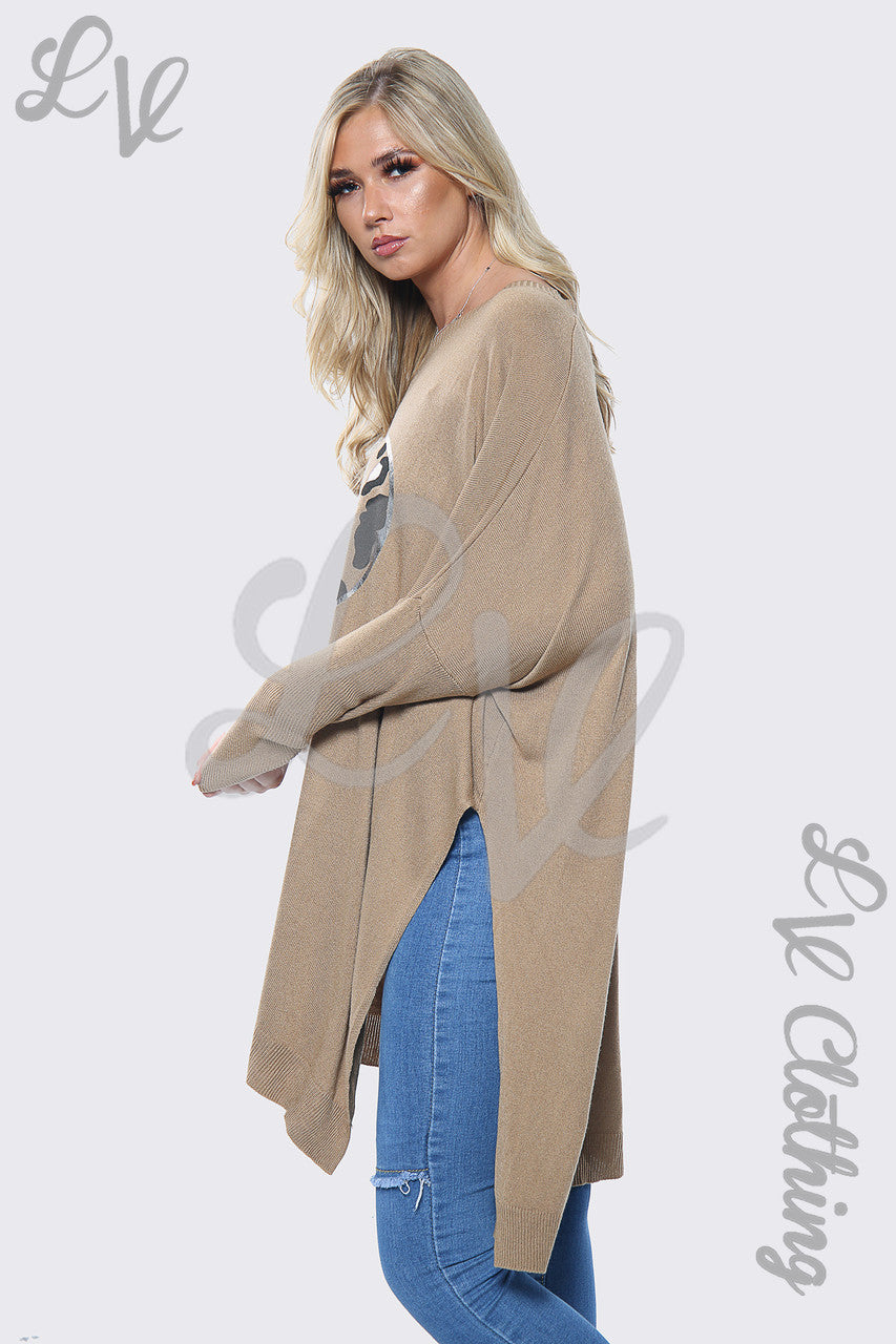 Dames Liefdeshart Print Oversized Trui Top Tan Stukprijs € 15,99