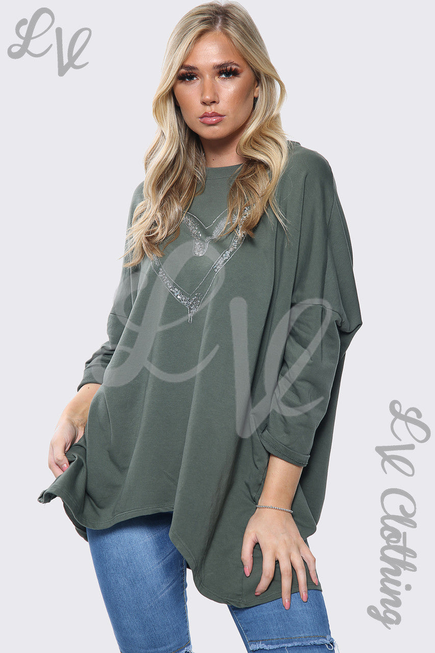 Dames Sweatshirt Top Oversized met Hartjesprint en Pailletten Kaki Stukprijs € 13,99