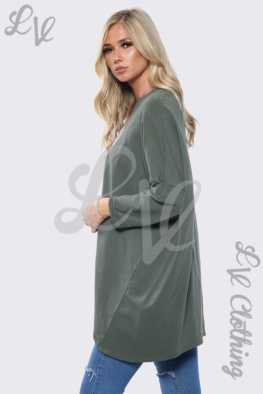 Dames Sweatshirt Top Oversized met Hartjesprint en Pailletten Kaki Stukprijs € 13,99