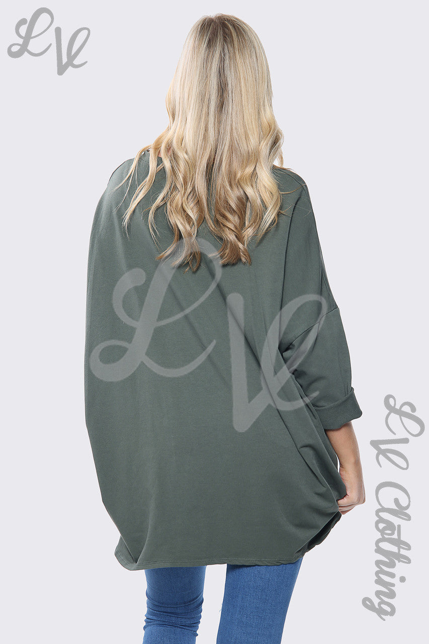 Dames Sweatshirt Top Oversized met Hartjesprint en Pailletten Kaki Stukprijs € 13,99