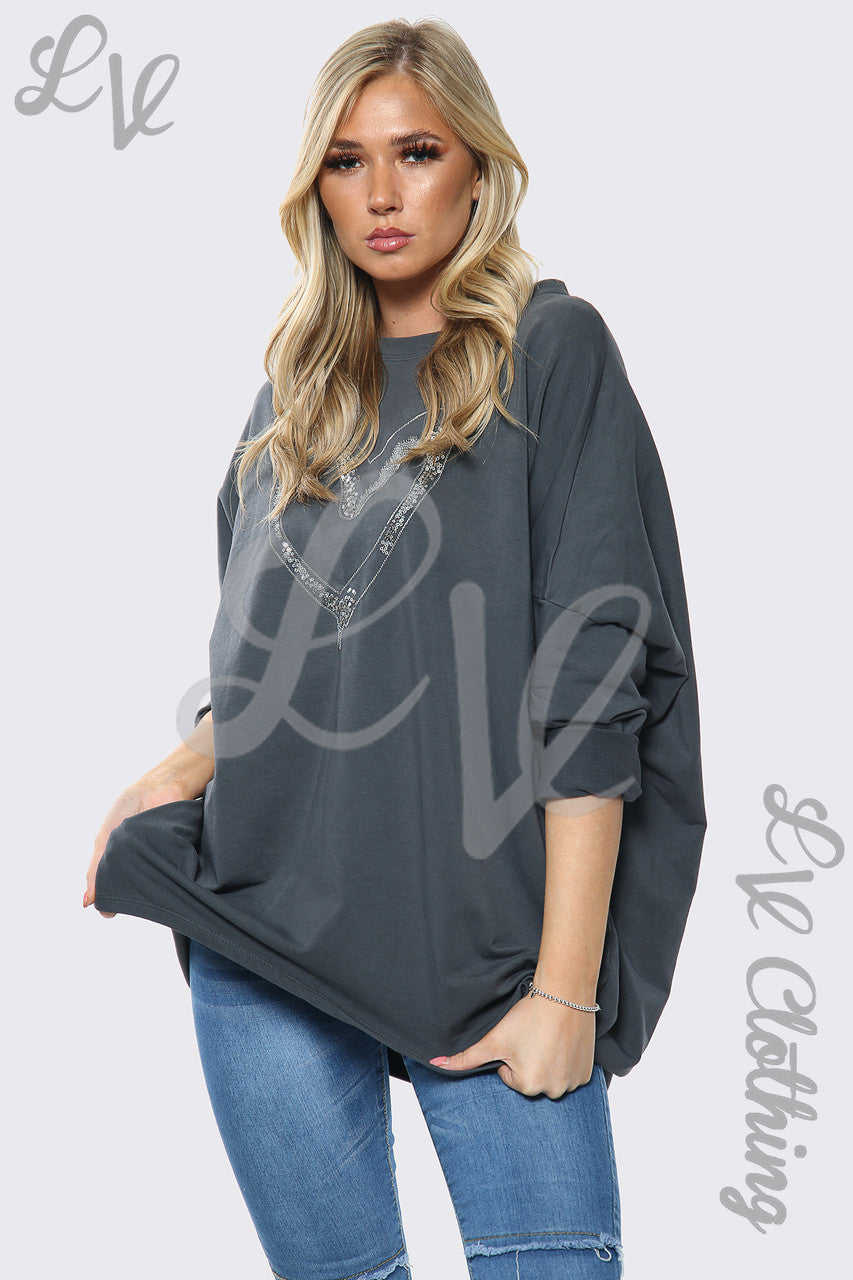 Ladies Sequin Heart Print Oversize Sweatshirt Top Charcoal Unit Price WAS £16.99 NOW £7.99