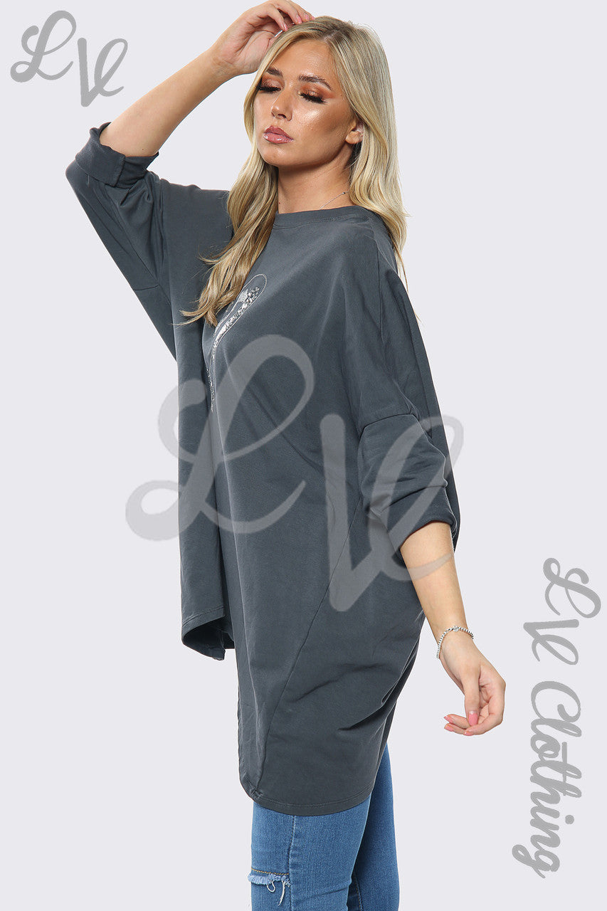 Ladies Sequin Heart Print Oversize Sweatshirt Top Charcoal Unit Price WAS £16.99 NOW £7.99