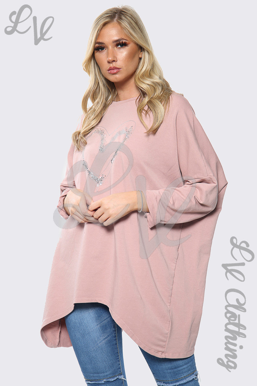 Ladies Sequin Heart Print Oversize Sweatshirt Top Dusty Pink Unit Price £16.99 NOW £7.99