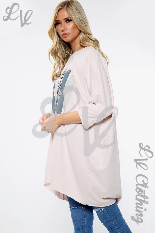 Dusty pink oversized slogan sweatshirt with front graphic, long sleeves, hip length