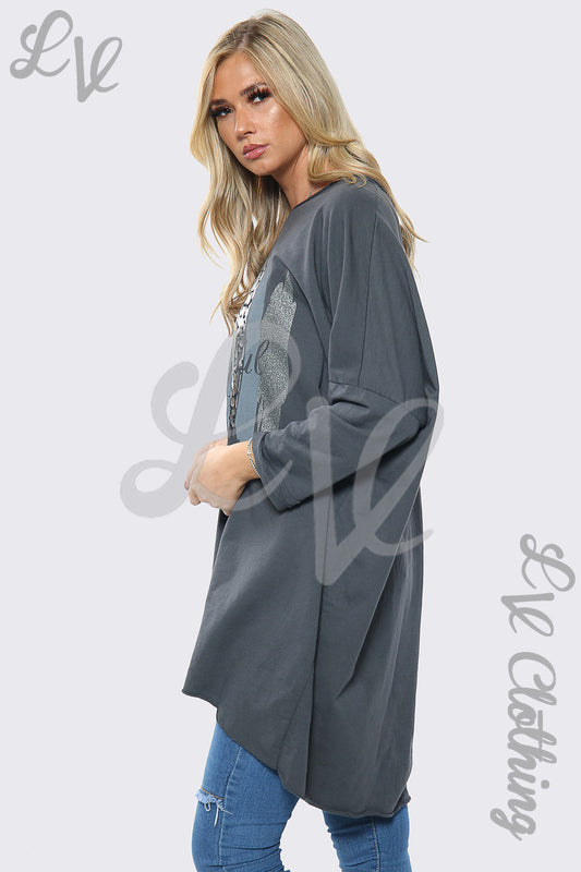 Oversize charcoal slogan sweatshirt with long sleeves and graphic front, relaxed fit