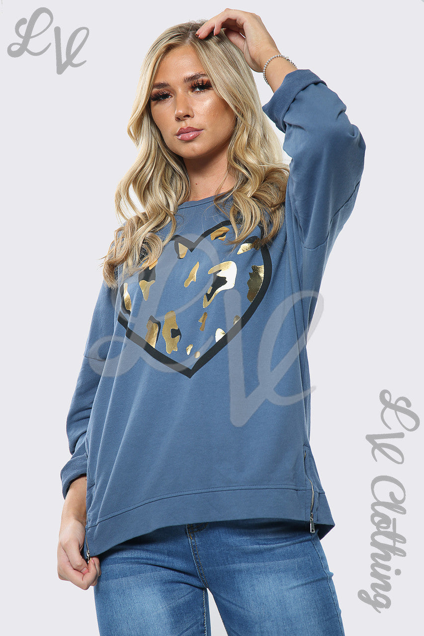 Ladies Gold Foil Heart Print Oversize Sweatshirt Top Denim Unit Price £13.99