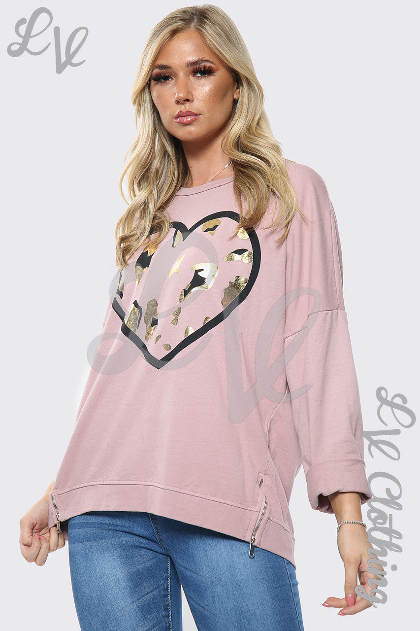 Dames Oversized Sweatshirt Top met Gouden Folie Hartjesprint Dusty Pink Stukprijs €13,99