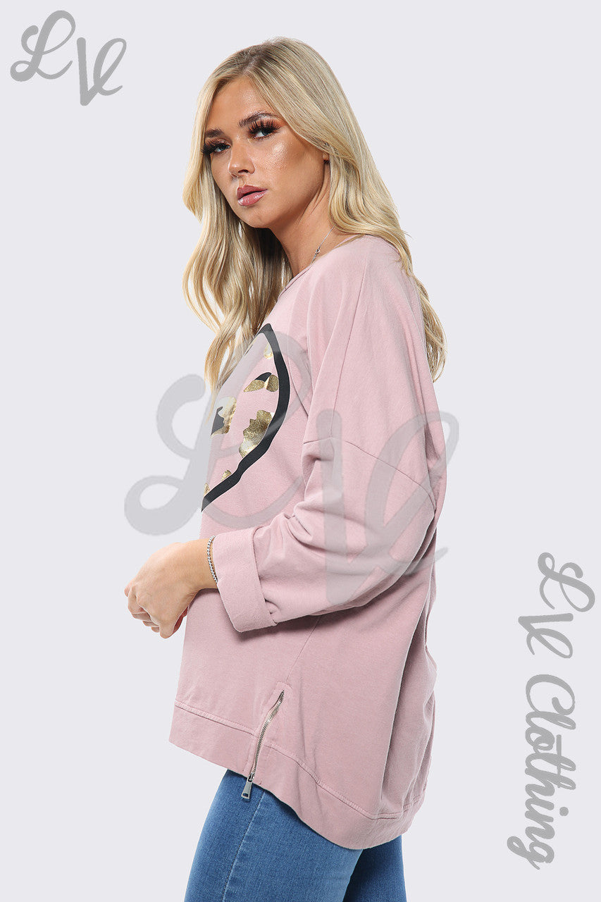 Dames Oversized Sweatshirt Top met Gouden Folie Hartjesprint Dusty Pink Stukprijs €13,99