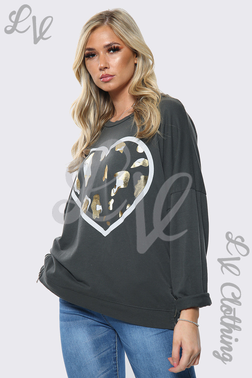 Ladies Gold Foil Heart Print Oversize Sweatshirt Top Charcoal Unit Price £13.99