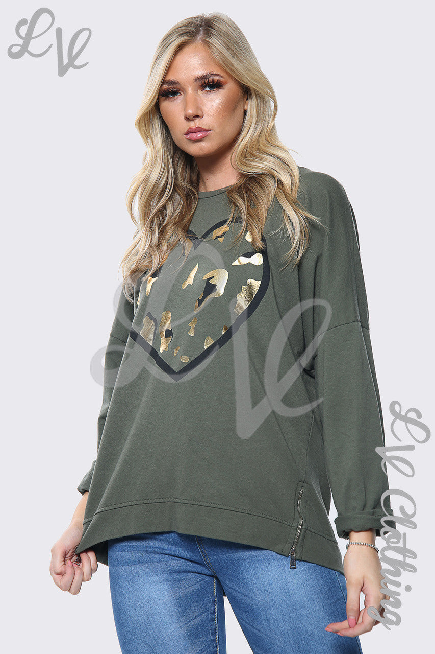 Ladies Gold Foil Heart Print Oversize Sweatshirt Top Khaki Unit Price £13.99