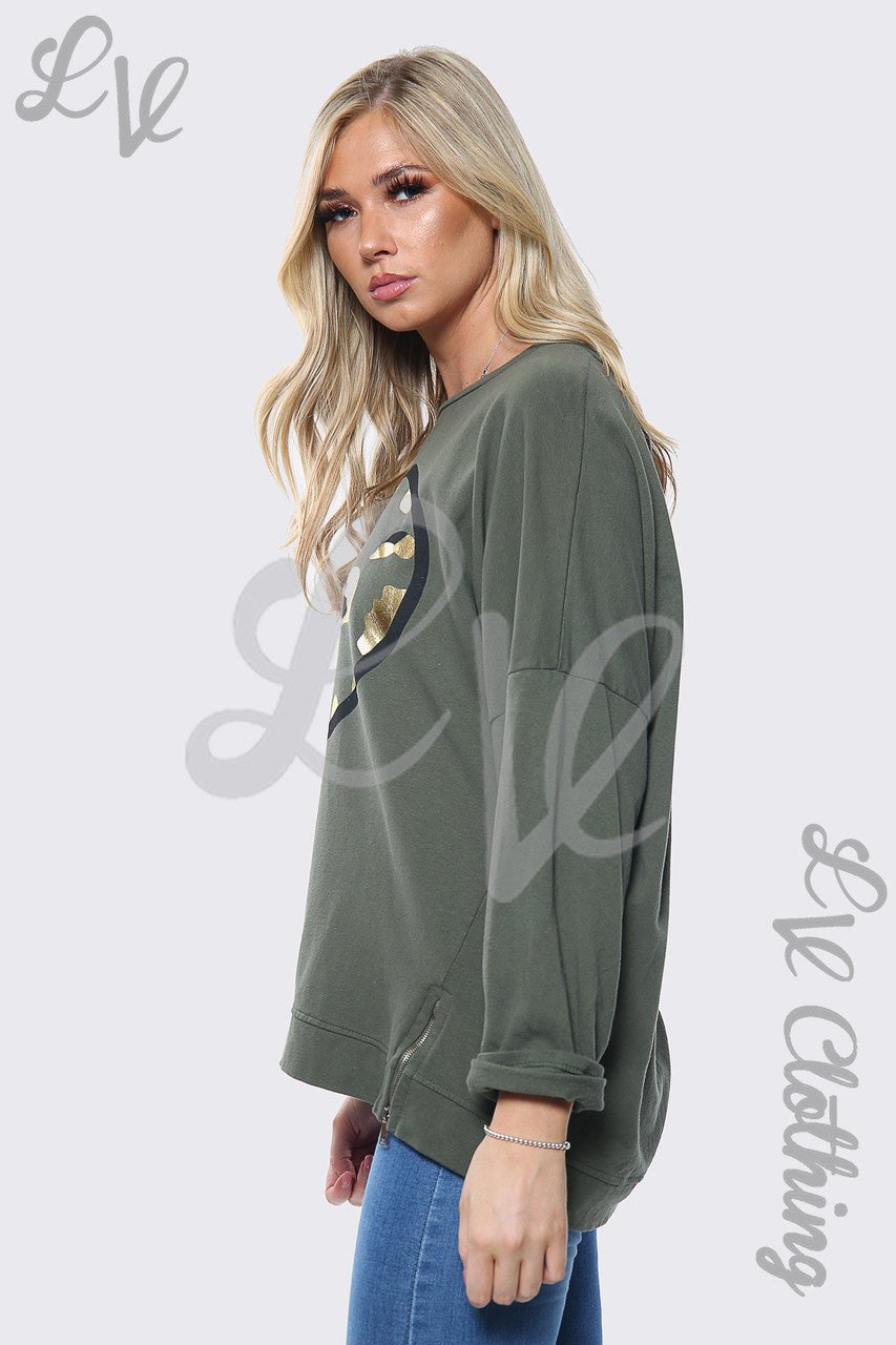 Ladies Gold Foil Heart Print Oversize Sweatshirt Top Khaki Unit Price £13.99