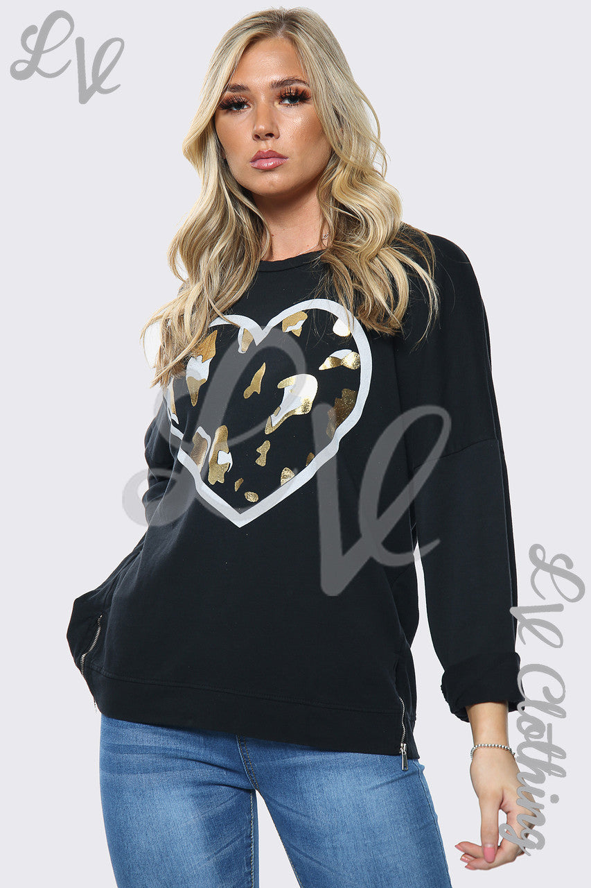 Dames oversized sweatshirt met goudfolie hartprint, zwart, eenheidsprijs £13,99
