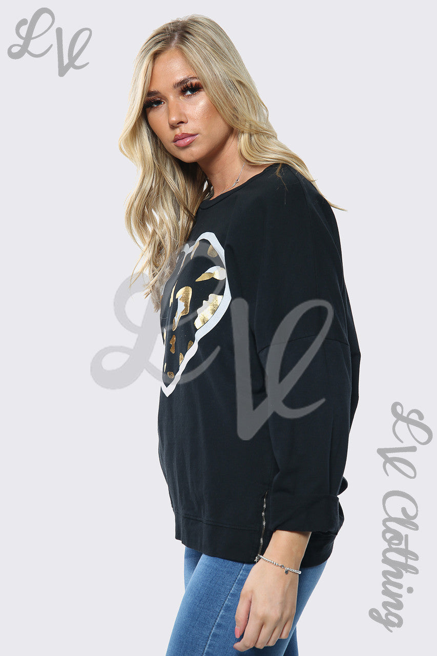 Dames oversized sweatshirt met goudfolie hartprint, zwart, eenheidsprijs £13,99