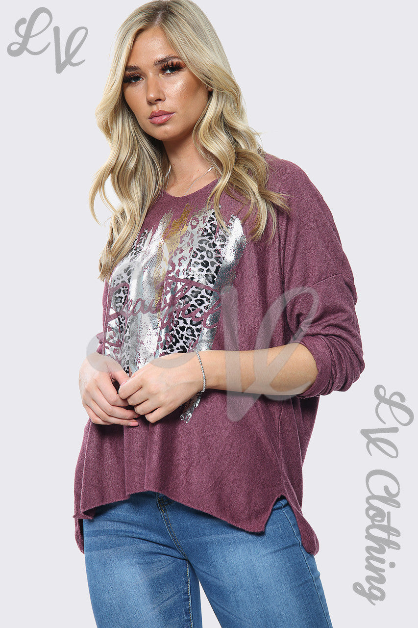 Ladies Beautiful Slogan Silver Foil Jumper Top Burgundy Unit Price £10.99