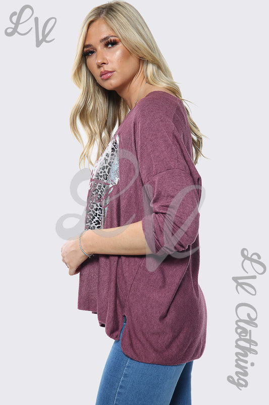 Burgundy slogan jumper top with silver foil graphic, three-quarter sleeves