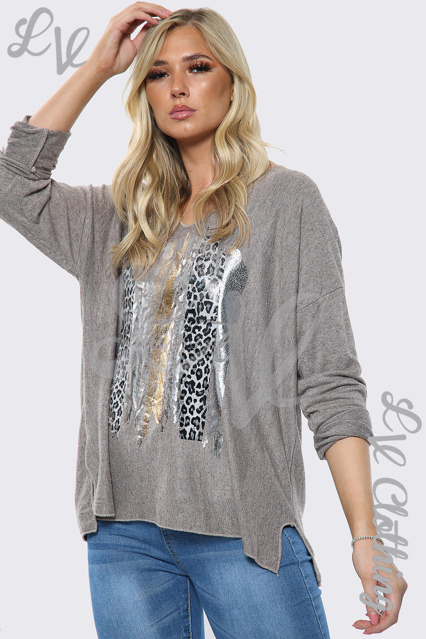 Ladies Beautiful Slogan Silver Foil Jumper Top Taupe Unit Price £10.99