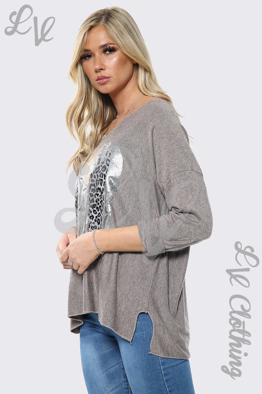 Taupe jumper top with silver foil front graphic, long sleeves and relaxed fit