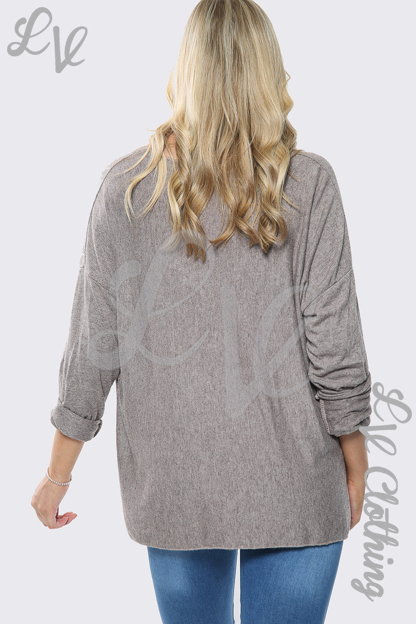 Ladies Beautiful Slogan Silver Foil Jumper Top Taupe Unit Price £10.99