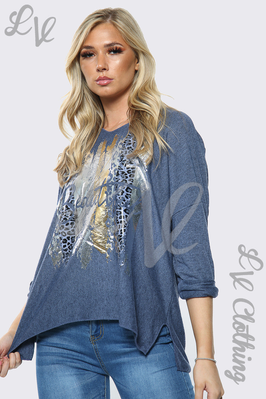 Dames Mooie Slogan Zilverfolie Jumper Top Jeans Stuksprijs £10.99