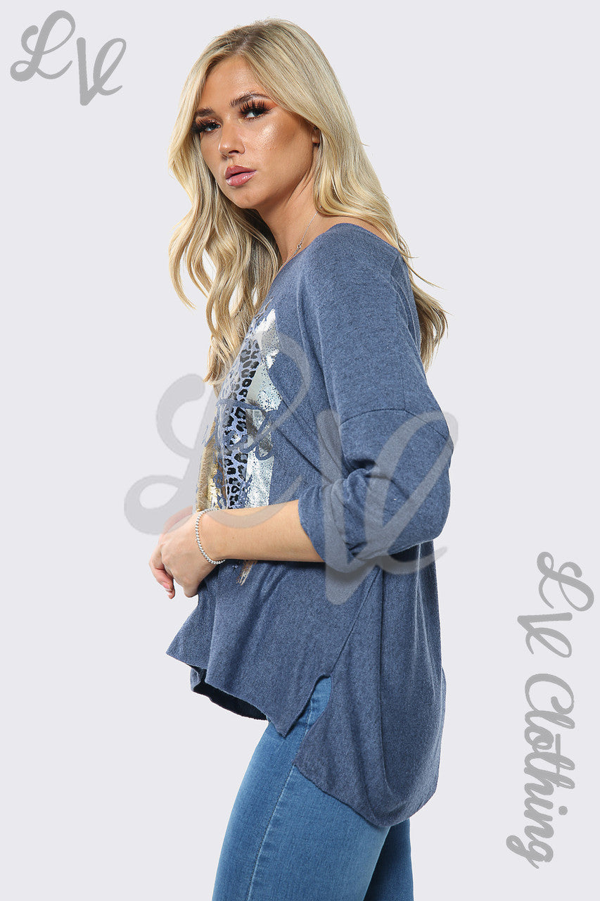 Dames Mooie Slogan Zilverfolie Jumper Top Jeans Stuksprijs £10.99