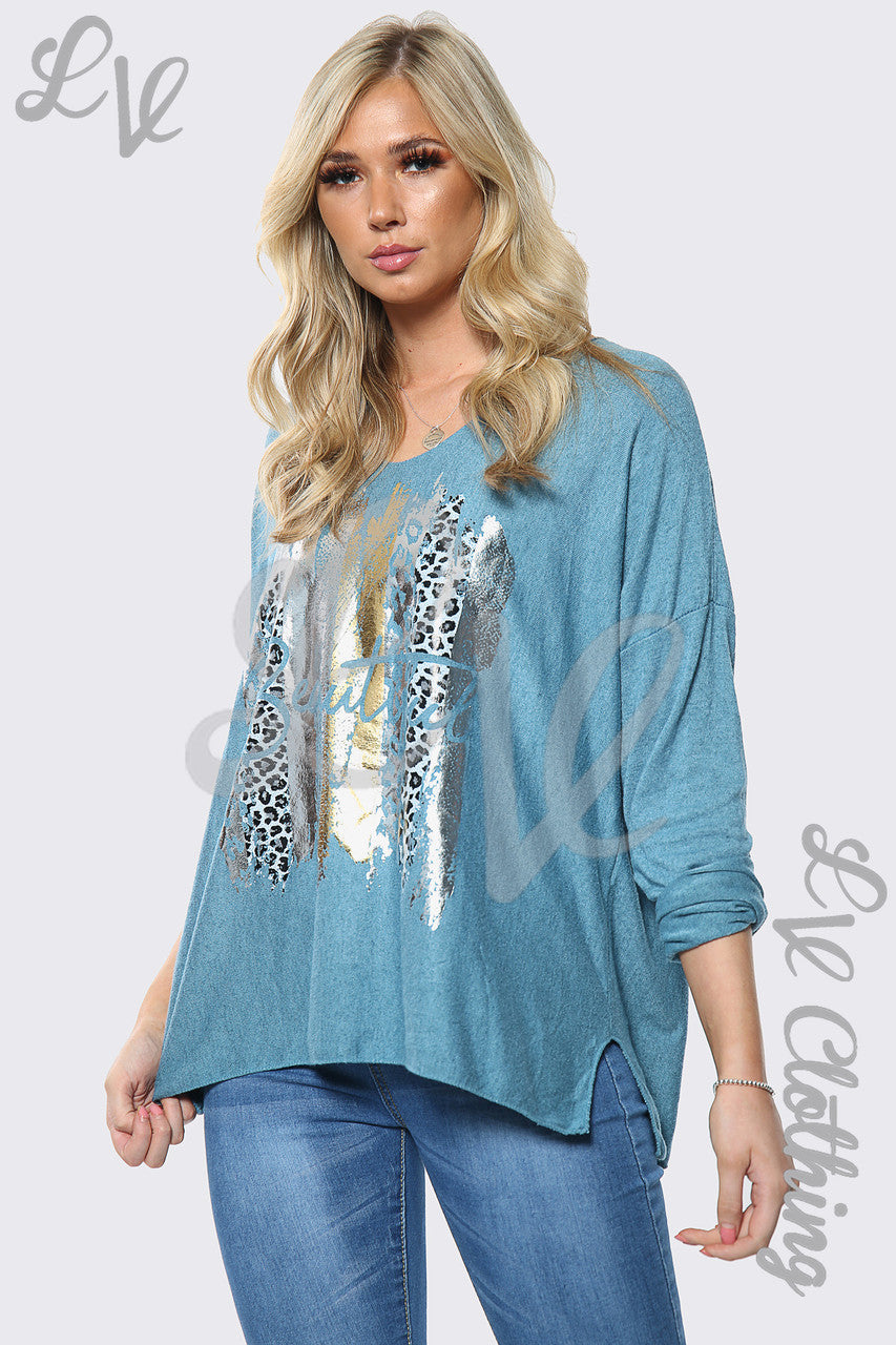 Dames Mooie Slogan Zilverfolie Jumper Top Blauw Stukprijs €10,99