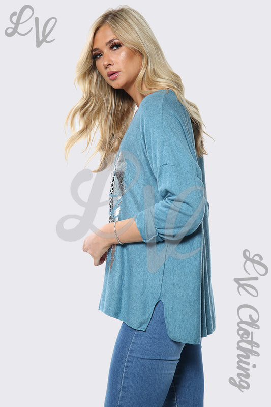 Blue slogan jumper top with silver foil front graphic, long sleeves