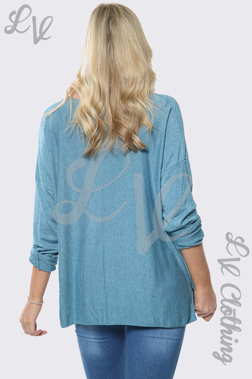 Dames Mooie Slogan Zilverfolie Jumper Top Blauw Stukprijs €10,99