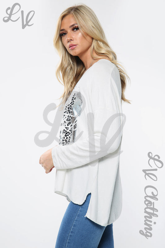 Cream long-sleeve jumper top with silver foil front graphic, relaxed fit