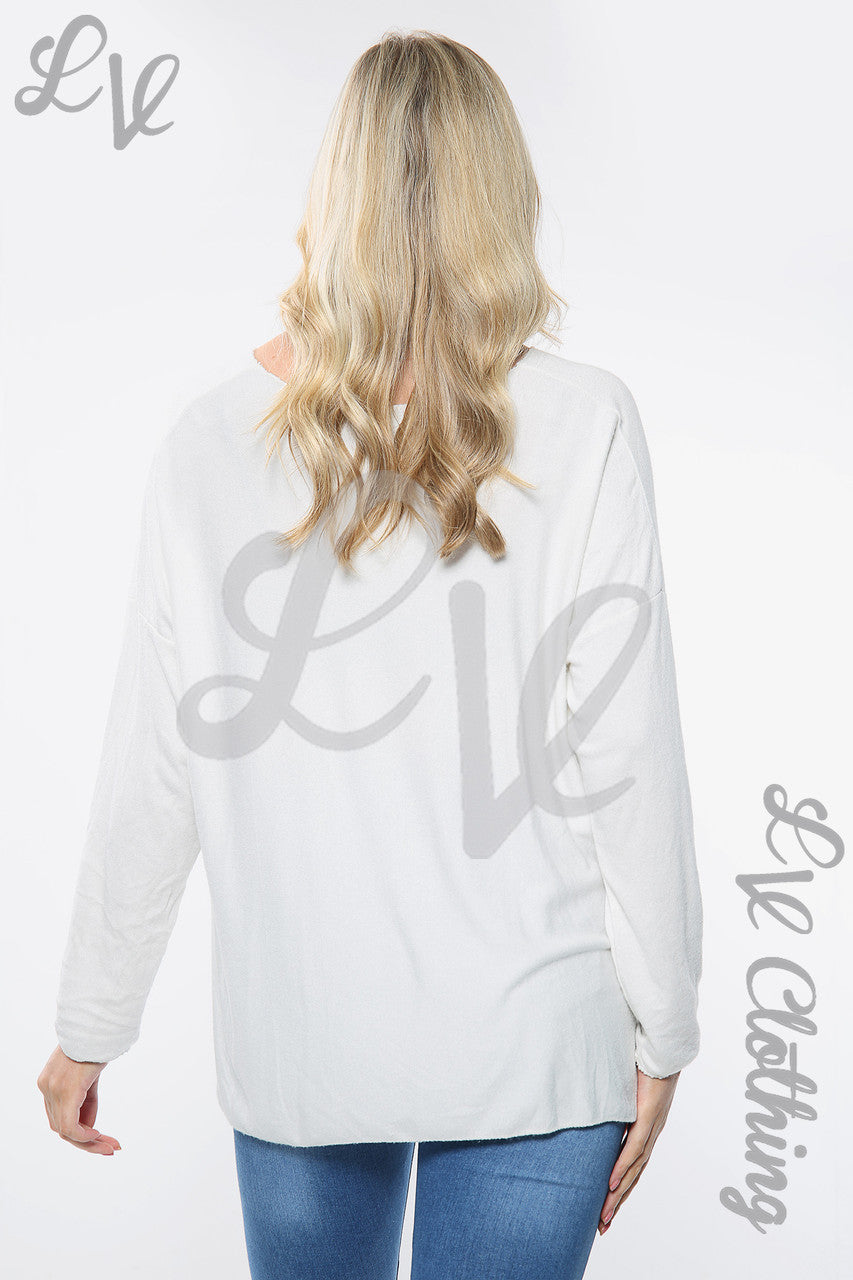 Dames Mooie Slogan Zilverfolie Trui Top Crème Stukprijs €10,99