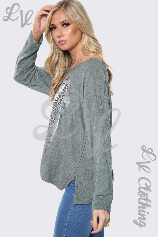 Slogan jumper top, dark greenish-grey long sleeves and round neck, with silver foil front print